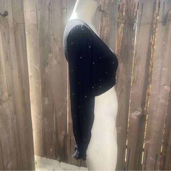 For Love & Lemons Crop Top Blouse Black Balloon Sleeves Gold Stars size small - Picture 6 of 11